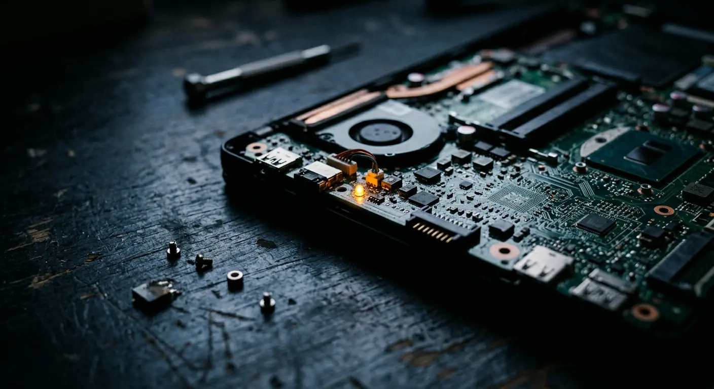 Carte mère de portable démontée sur un établi, une diode ambre allumée