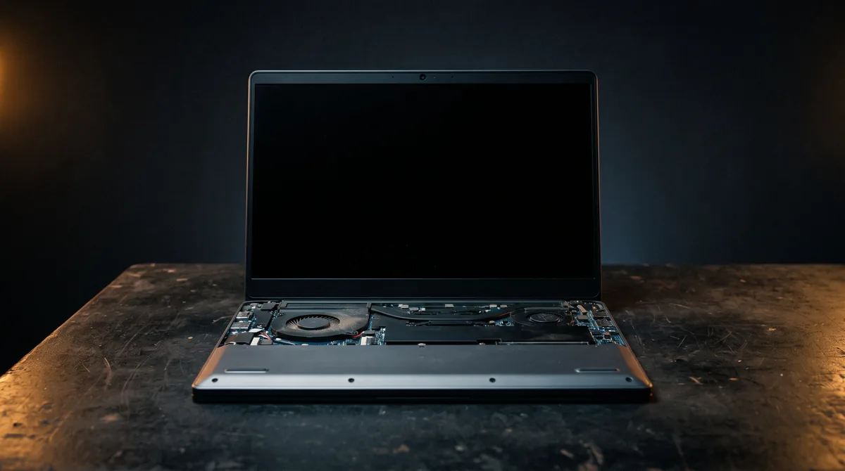Un etabli d'atelier avec un ordinateur portable ouvert et des outils de precision