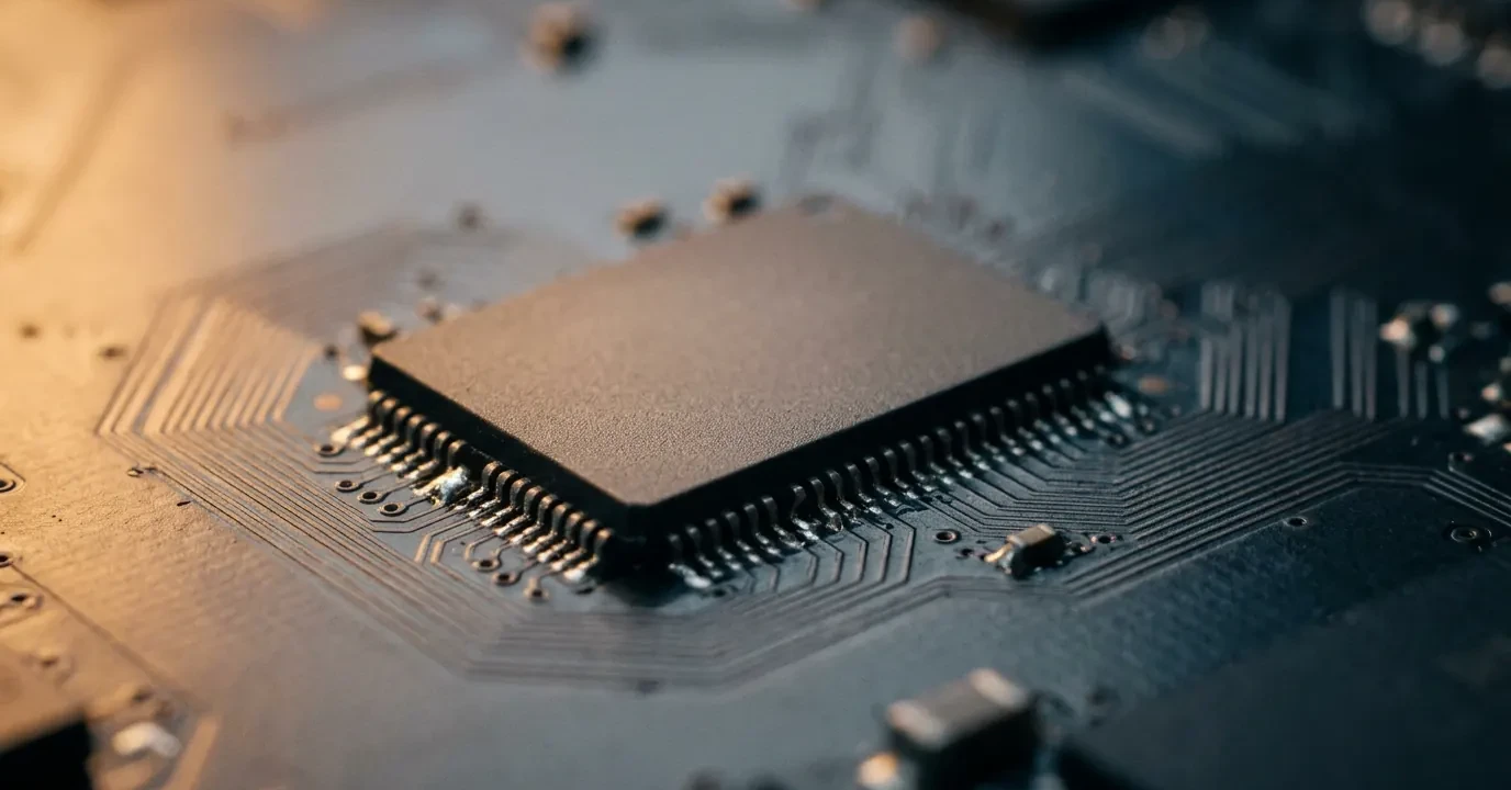 Vue macro sur une puce de mémoire soudée à une carte électronique