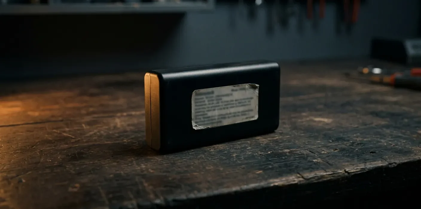 Batterie d'ordinateur portable posée sur l'établi d'un atelier, son étiquette éclairée de biais