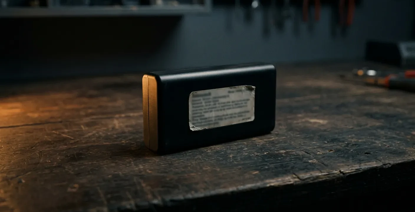 Batterie d'ordinateur portable posée sur l'établi d'un atelier, son étiquette éclairée de biais