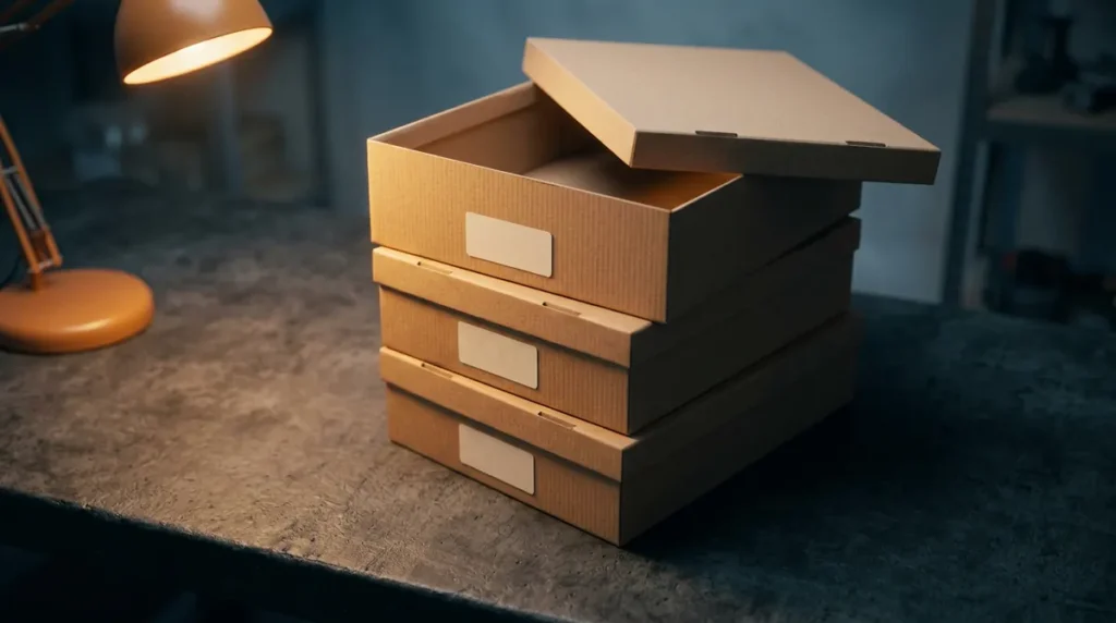Trois boîtes d'archives en carton empilées sur un établi sombre, étiquettes vierges