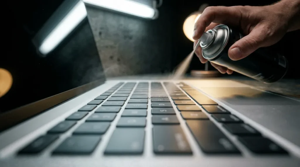 Une main tenant une bombe d'air sec au ras du clavier d'un portable
