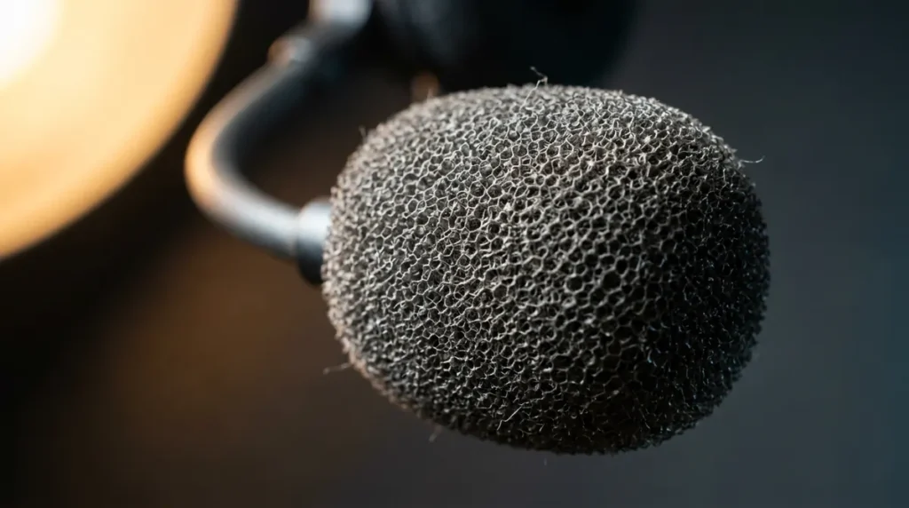 Vue macro sur les alvéoles de la bonnette en mousse d'un micro-casque