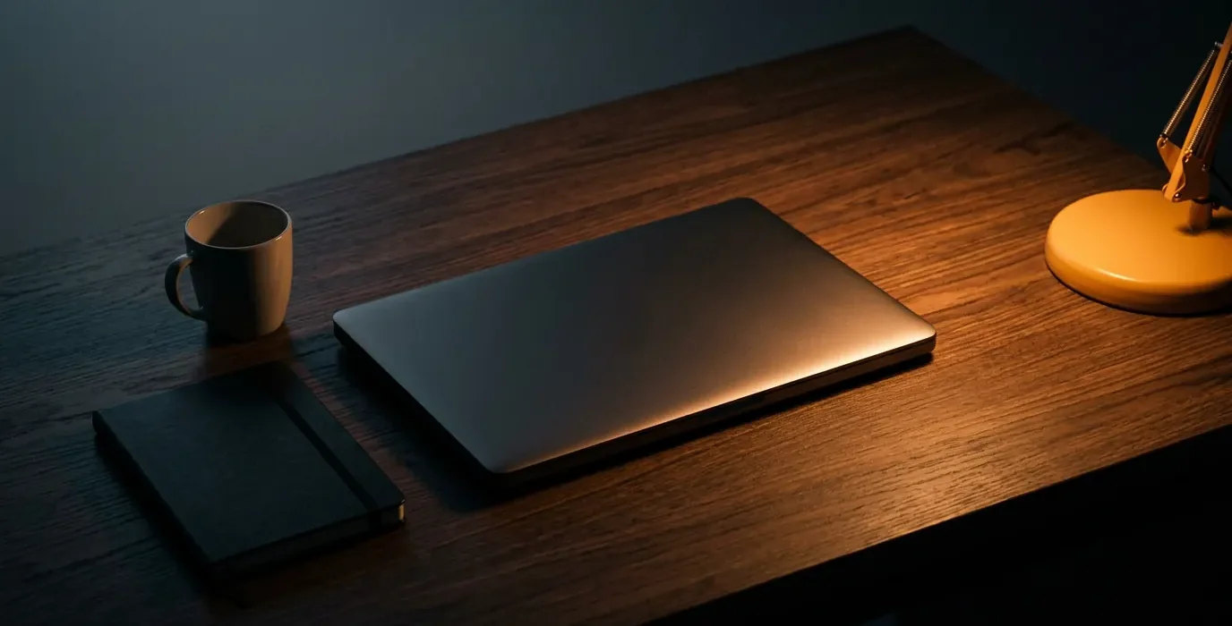 Un ordinateur portable refermé sur un bureau sombre, éclairé par une lampe d'atelier