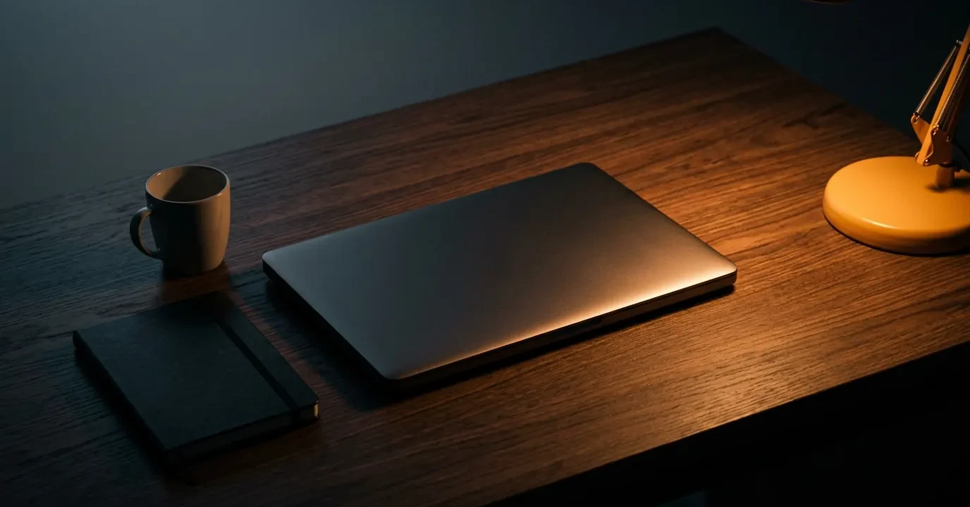 Un ordinateur portable refermé sur un bureau sombre, éclairé par une lampe d'atelier