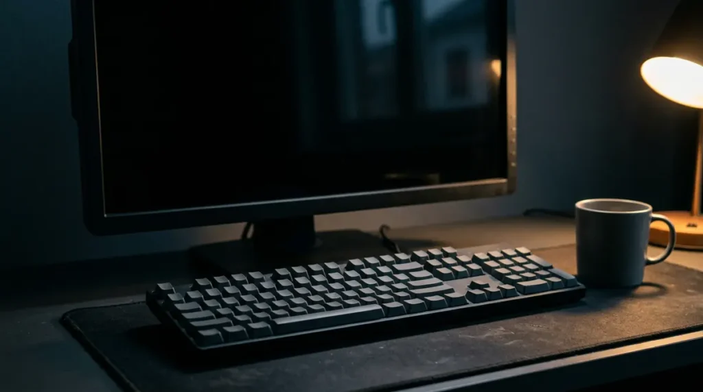 Un bureau sombre avec un écran éteint, un clavier et une tasse vide