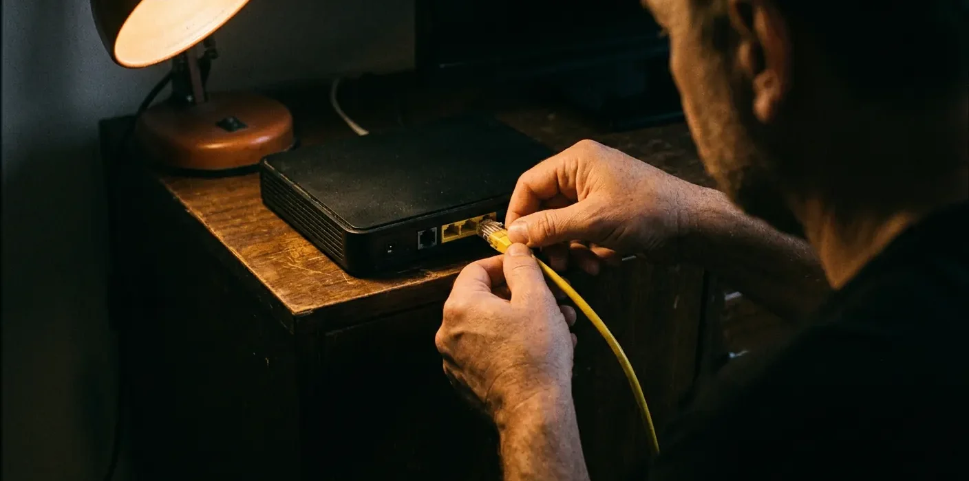 Une main branche un câble Ethernet à l'arrière d'une box internet
