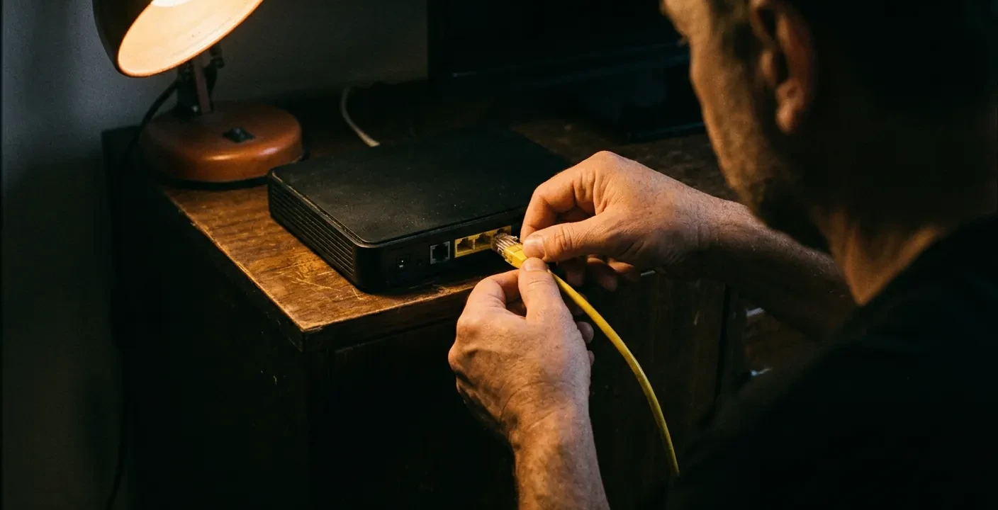 Une main branche un câble Ethernet à l'arrière d'une box internet