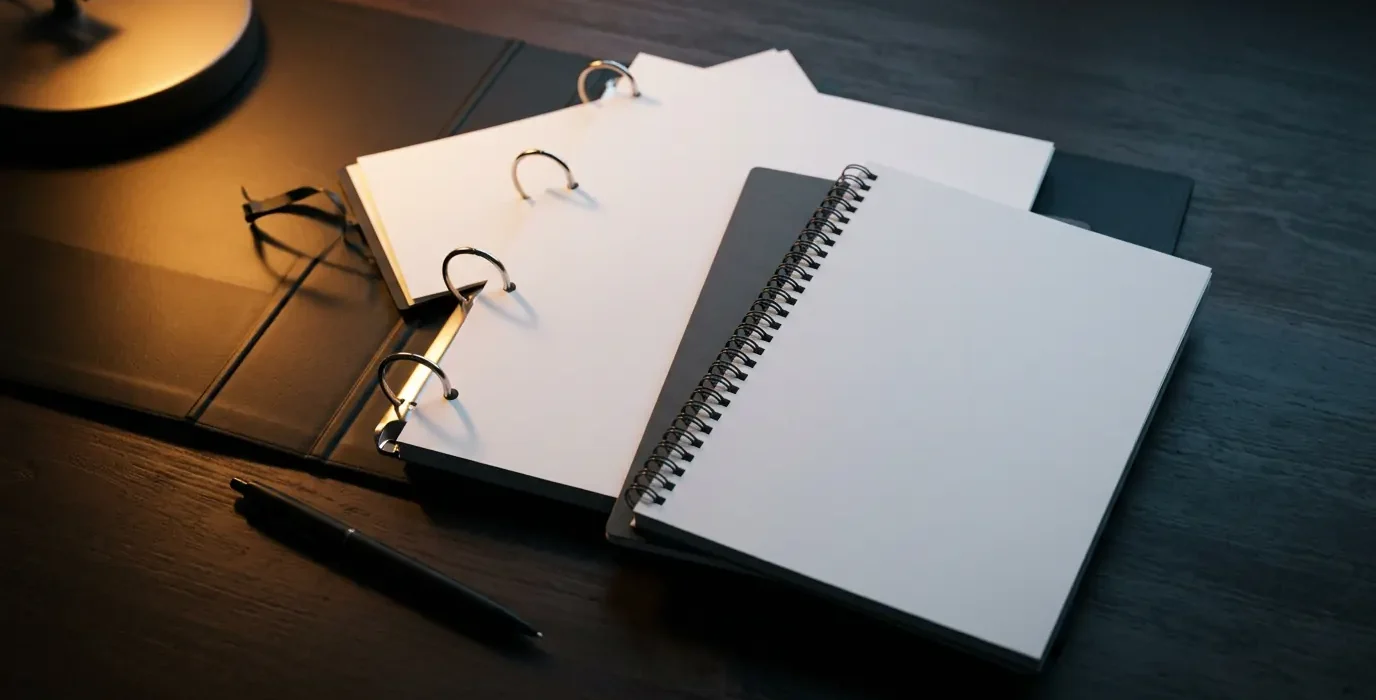 Un classeur ouvert et un carnet posés sur un bureau sombre, pages vierges