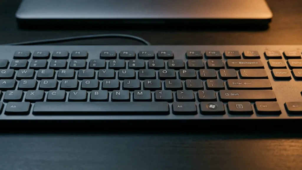 Un clavier externe filaire posé sur un bureau sombre, touches lisibles