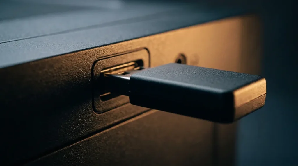 Vue macro sur une clé USB à demi enfoncée dans le port d'un boîtier d'ordinateur