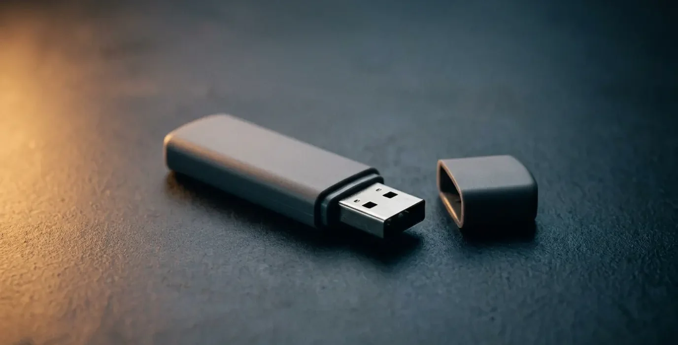 Une clé USB posée seule sur un établi sombre, capuchon retiré