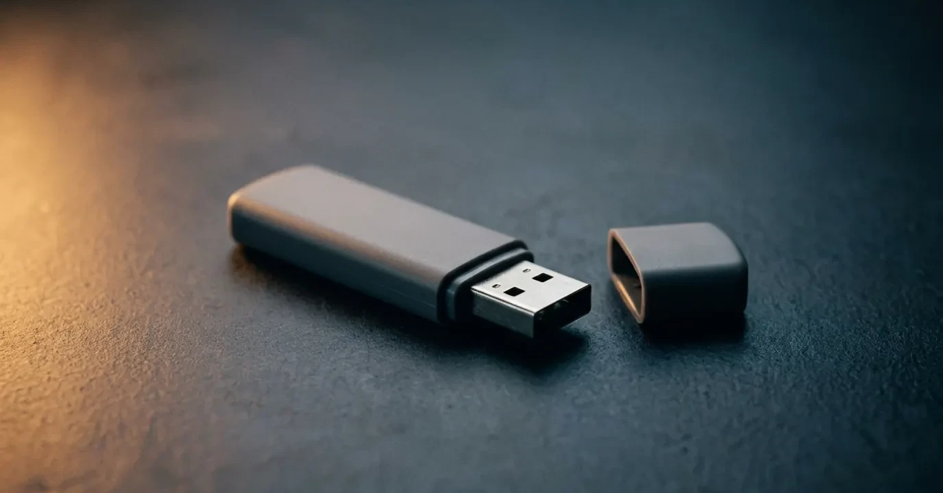 Une clé USB posée seule sur un établi sombre, capuchon retiré