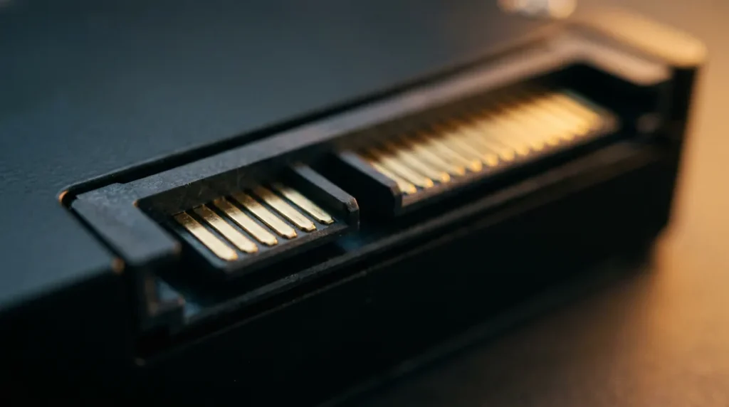 Vue macro sur les broches dorées du connecteur d'un disque dur