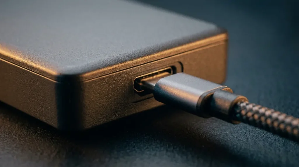 Vue macro sur un câble à demi enfoncé dans le port d'un disque dur externe