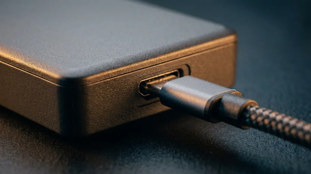 Vue macro sur un câble à demi enfoncé dans le port d'un disque dur externe