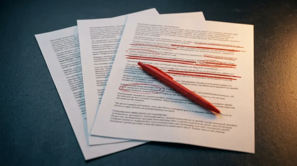 Trois feuilles imprimées superposées, dont une barrée au stylo rouge
