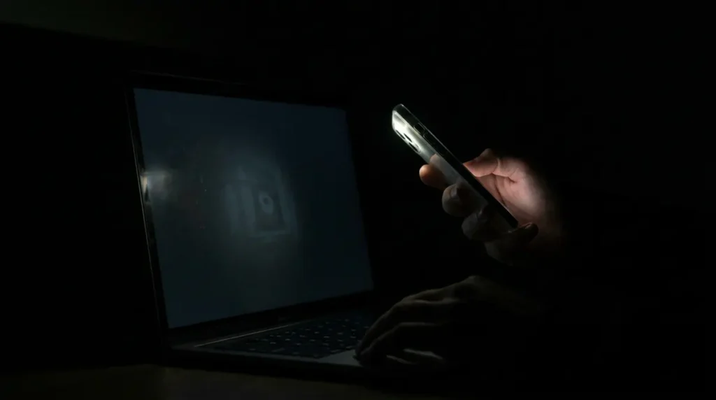 Une main éclaire en biais l'écran éteint d'un portable avec la lampe d'un téléphone