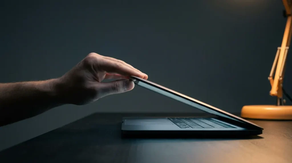 Une main rabat le capot d'un ordinateur portable dont l'écran est encore entrouvert