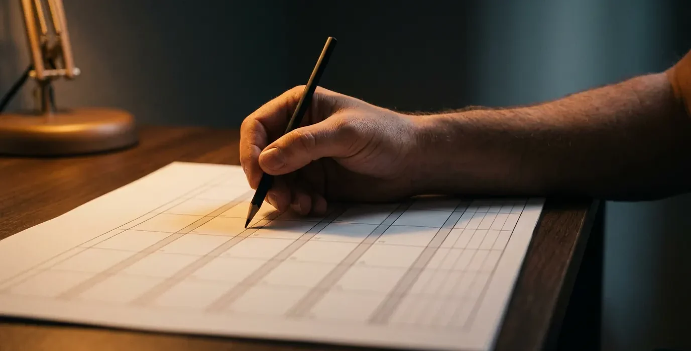 Une main tenant un crayon au-dessus d'un grand tableau imprimé posé sur un bureau