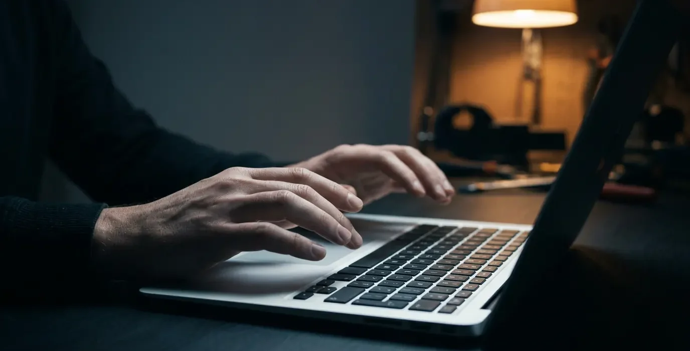 Deux mains immobiles au-dessus d'un clavier de portable, éclairées par la lueur d'un écran hors champ