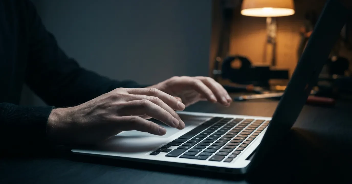 Deux mains immobiles au-dessus d'un clavier de portable, éclairées par la lueur d'un écran hors champ