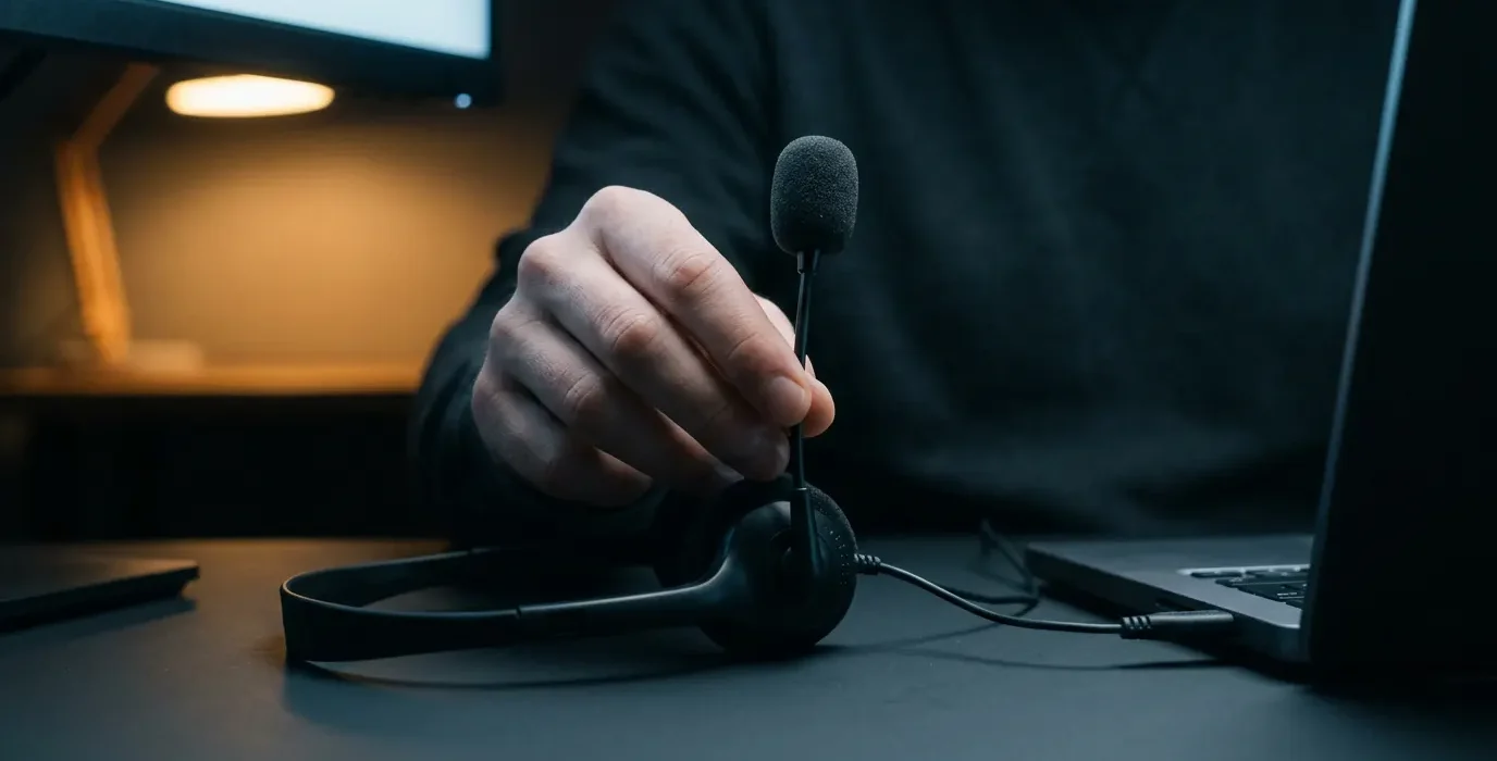 Une main ajuste la perche d'un micro-casque posé à côté d'un clavier de portable