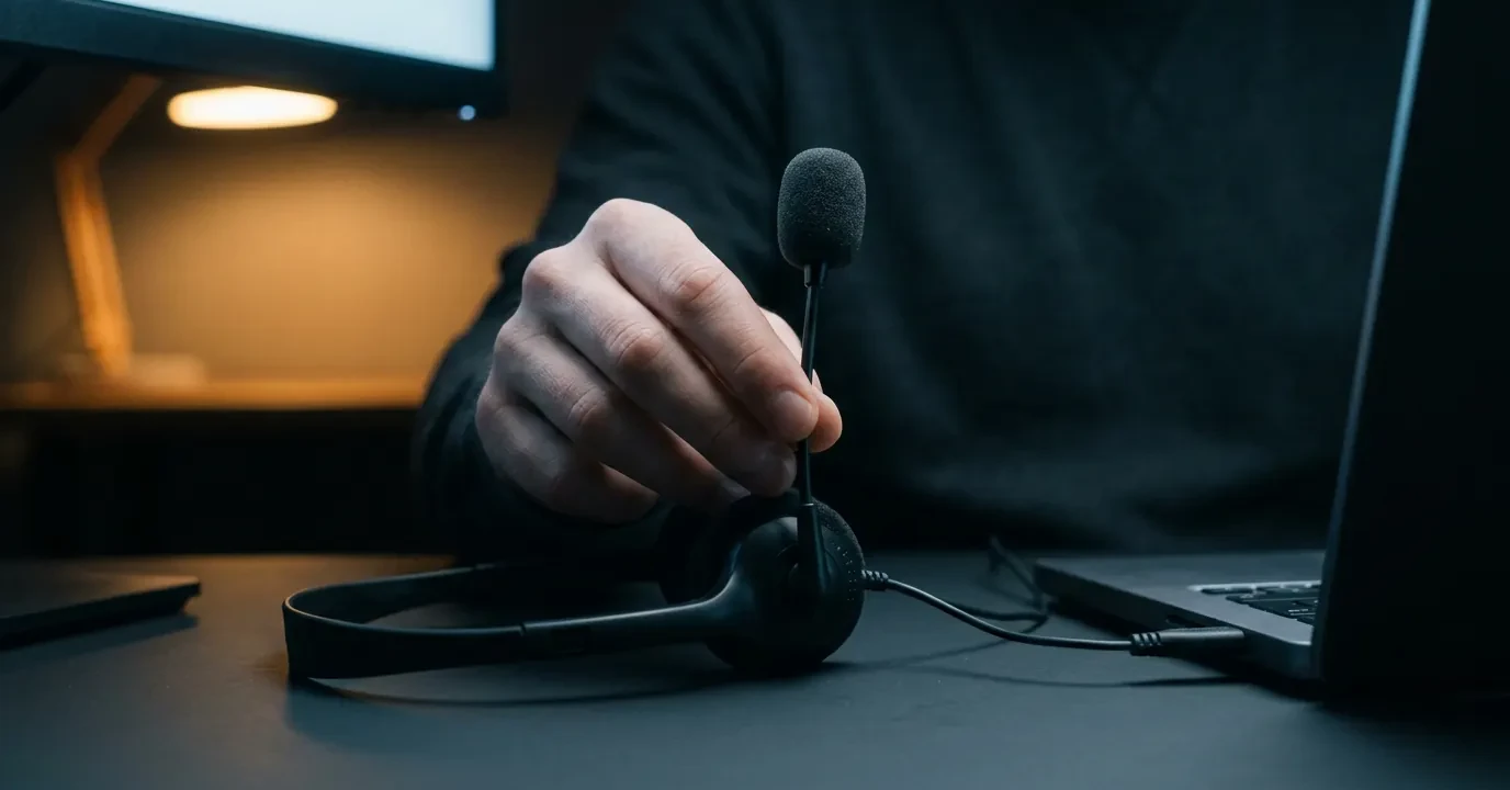 Une main ajuste la perche d'un micro-casque posé à côté d'un clavier de portable