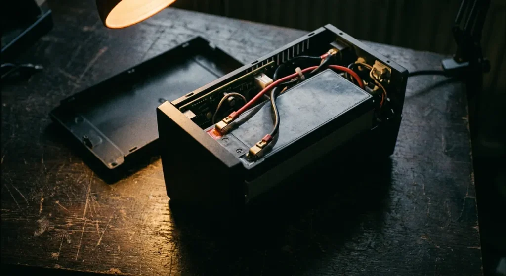Onduleur ouvert sur un établi, sa batterie au plomb et ses cosses visibles