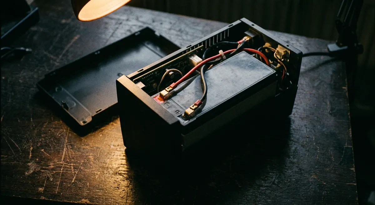 Onduleur ouvert sur un établi, sa batterie au plomb et ses cosses visibles