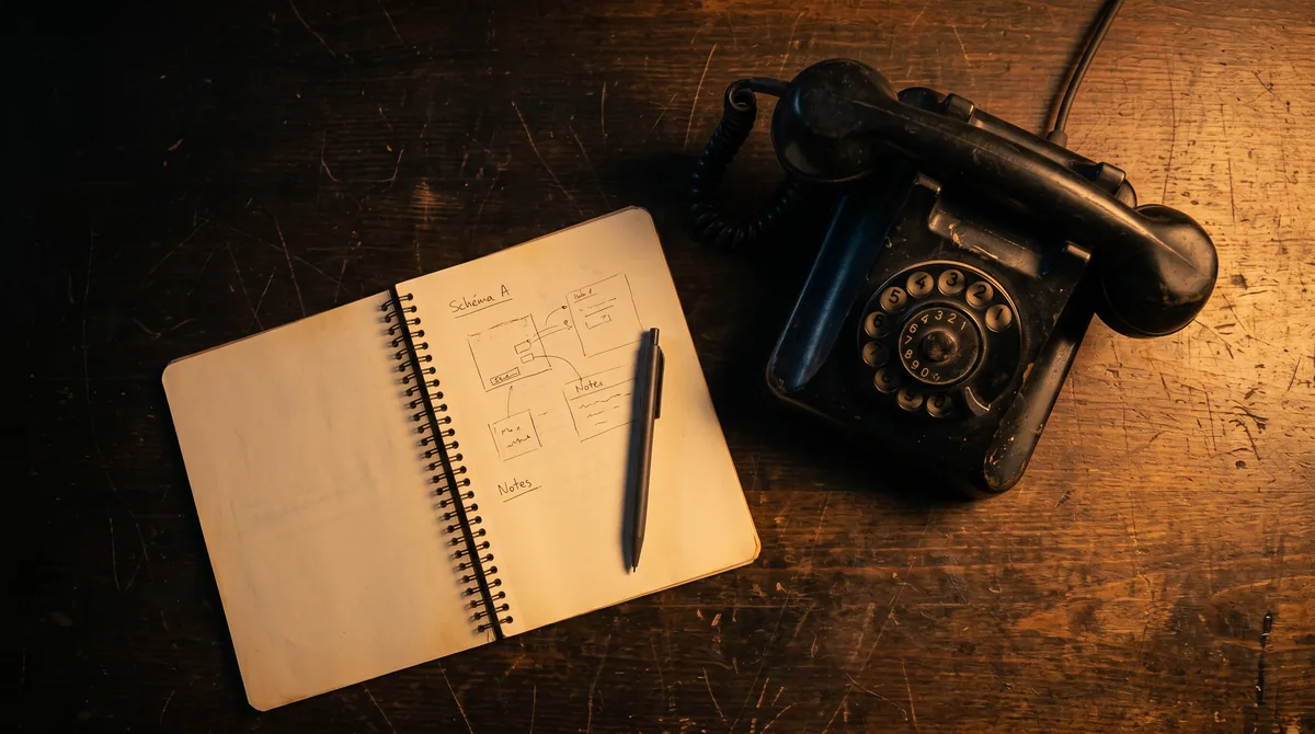 Téléphone de bureau et carnet à spirale sur un établi