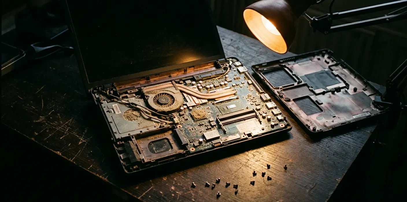 Portable ancien ouvert sur un établi, fond de coque retiré, ventilateur et trappe mémoire visibles