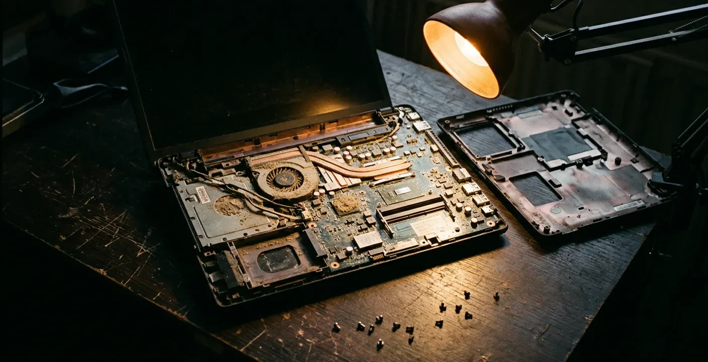 Portable ancien ouvert sur un établi, fond de coque retiré, ventilateur et trappe mémoire visibles