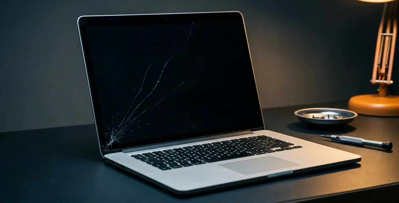 Un ordinateur portable ouvert sur un établi, écran éteint et fêlé, à côté d'un tournevis de précision