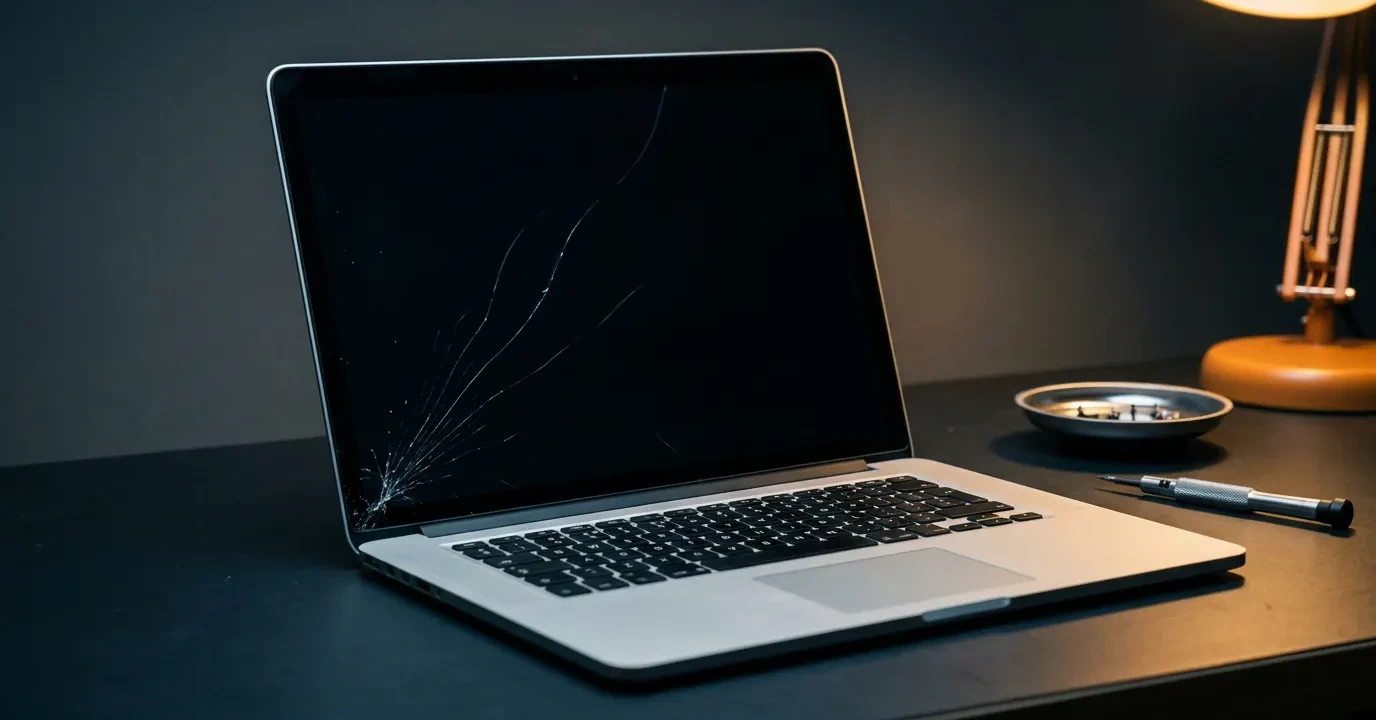 Un ordinateur portable ouvert sur un établi, écran éteint et fêlé, à côté d'un tournevis de précision