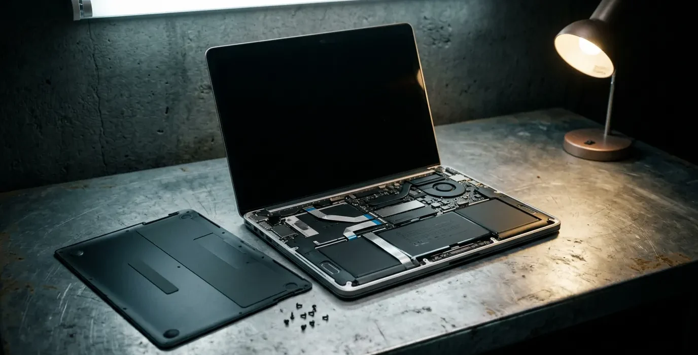 Un ordinateur portable ouvert sur un établi, panneau retiré, batterie et nappes visibles