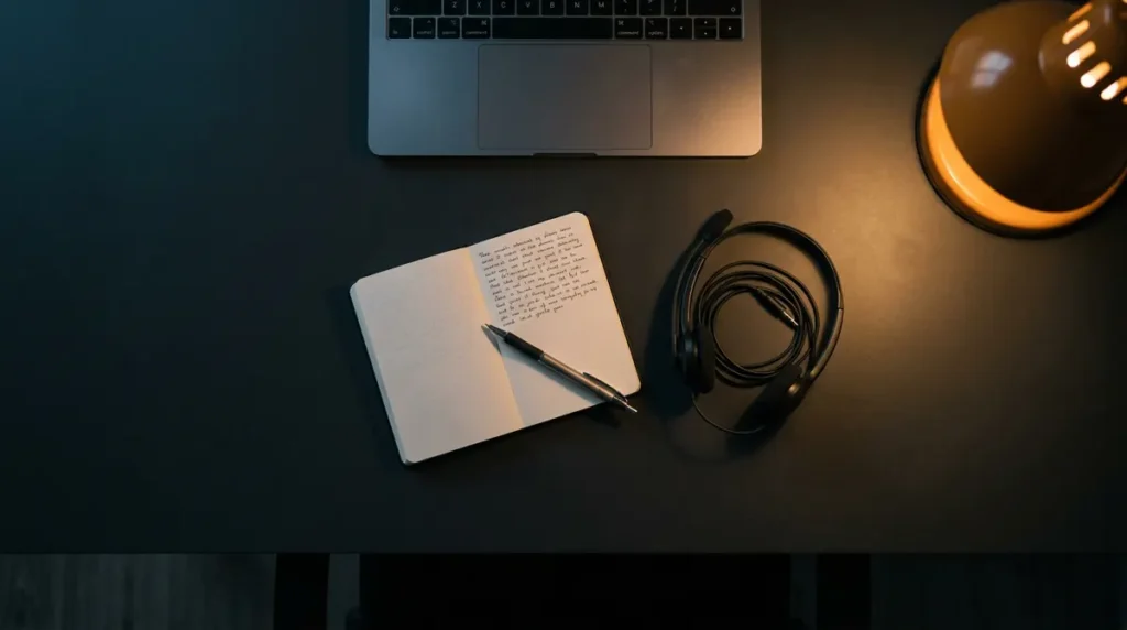 Un carnet ouvert avec un texte manuscrit, un stylo et un micro-casque sur un bureau