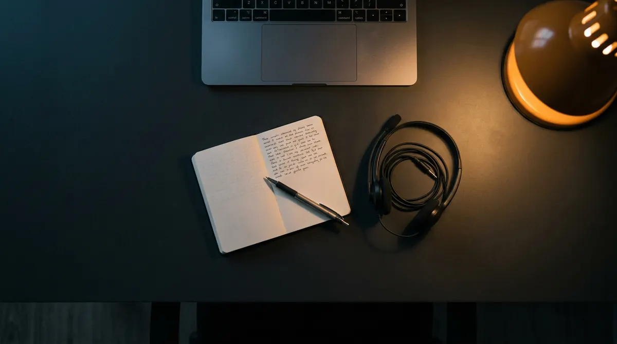 Un carnet ouvert avec un texte manuscrit, un stylo et un micro-casque sur un bureau