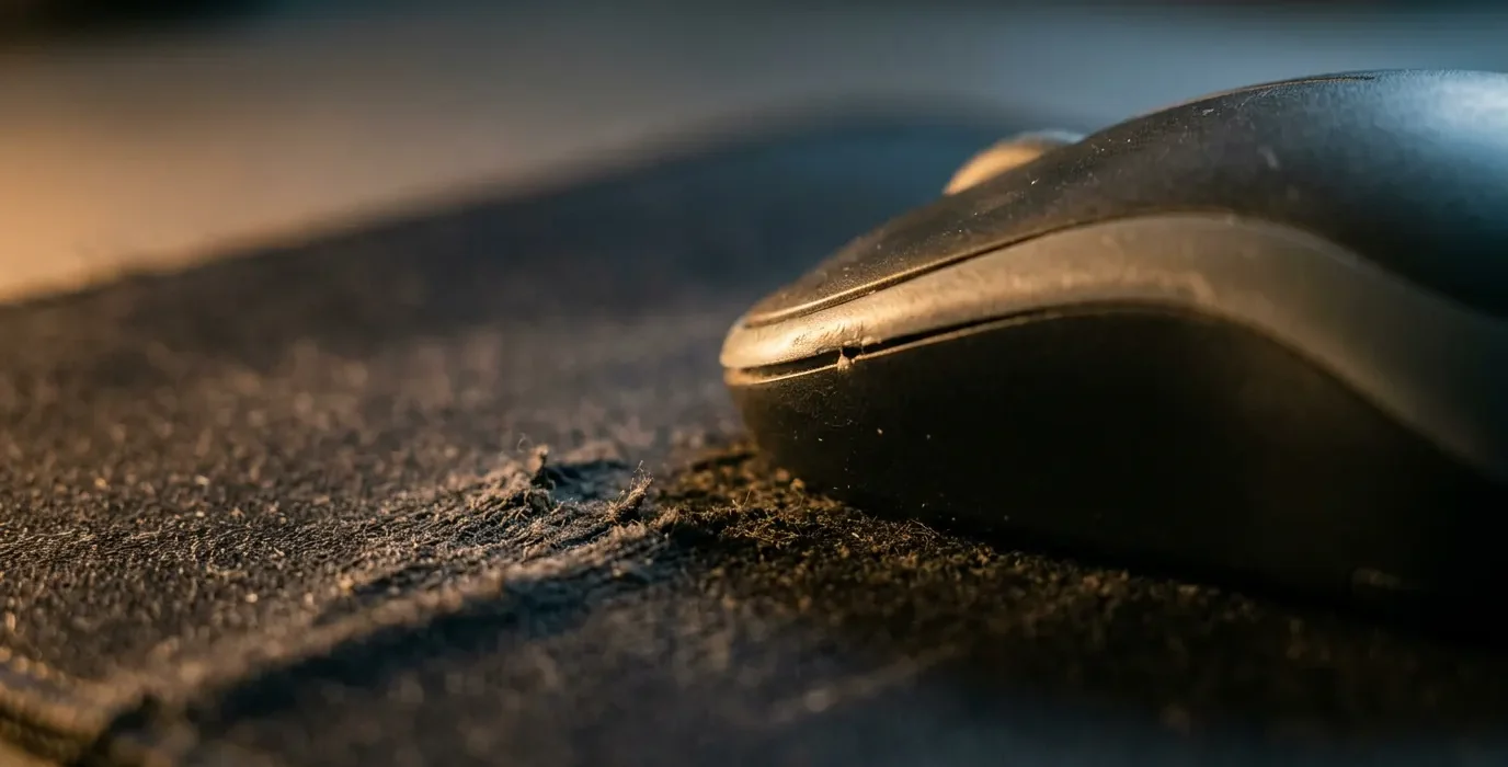 Vue macro sur le bord d'une souris posée sur un tapis en tissu usé