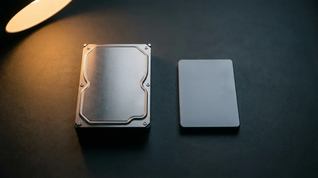 Un disque dur mécanique et un SSD posés côte à côte, montrant leur différence d'épaisseur