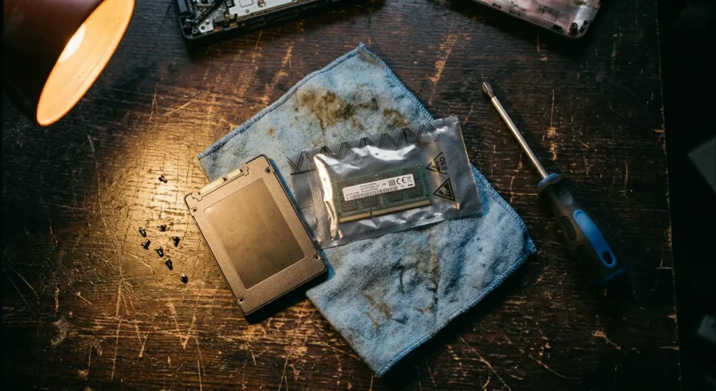 SSD, barrette de mémoire et tournevis posés sur un établi d'atelier