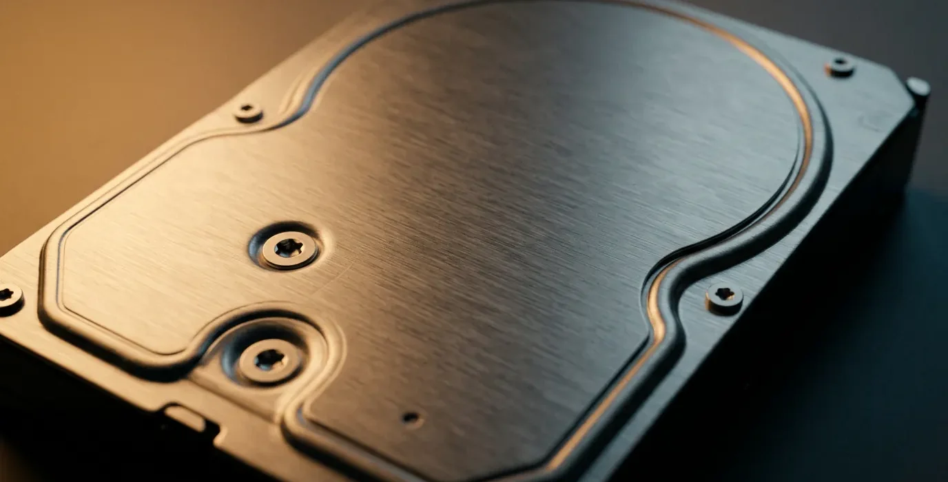 Gros plan sur le capot brossé d'un disque dur mécanique en lumière rasante