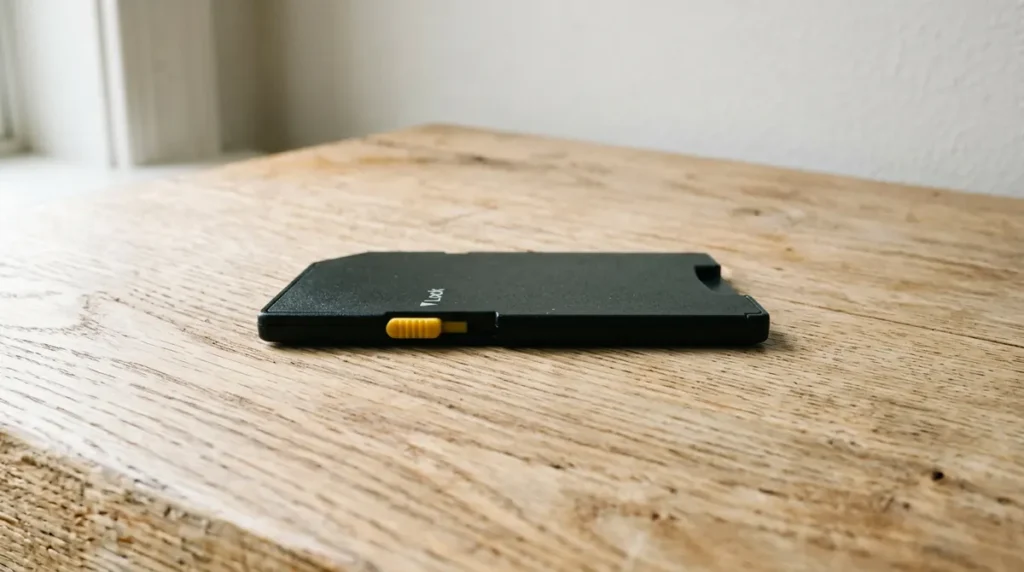 Un adaptateur de carte mémoire et son loquet de protection en écriture, vu de côté
