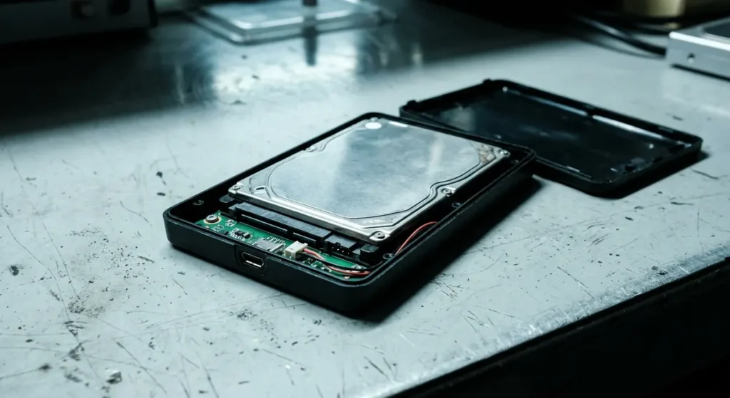 Un boîtier de disque dur externe ouvert, laissant voir le disque et sa carte électronique