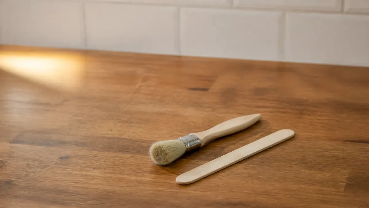 Une petite brosse souple et un bâtonnet plat posés côte à côte sur le plan de travail