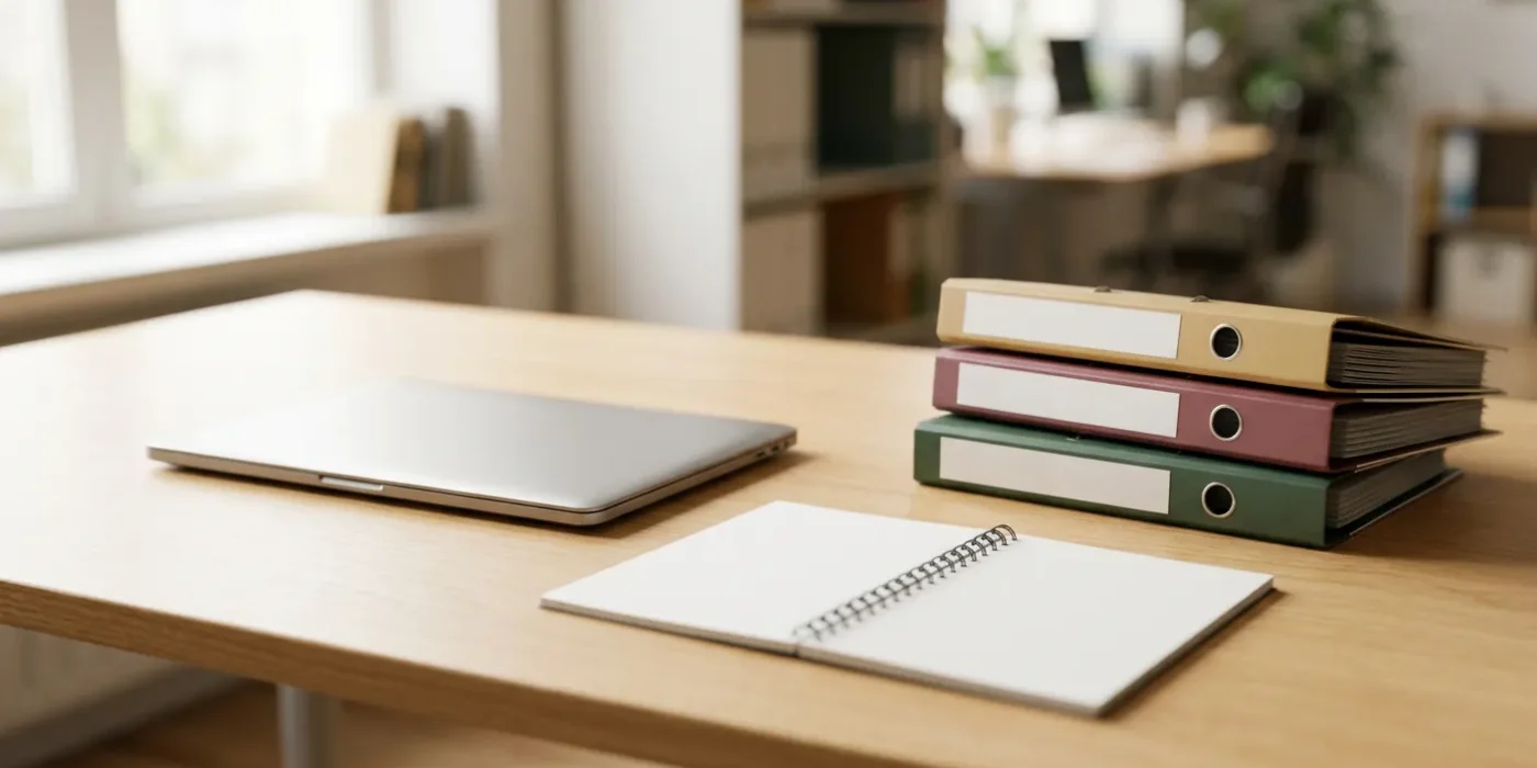 Un bureau de travail avec un ordinateur portable fermé, des classeurs et un carnet ouvert