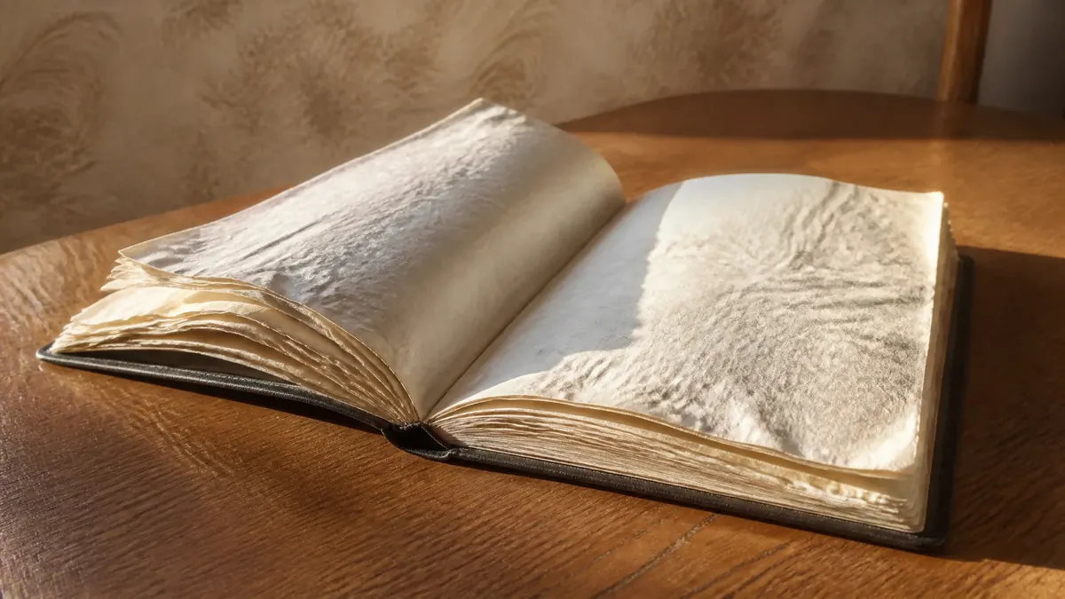 Un cahier ouvert dont les pages sont froissées et gondolées, posé sur une table en chêne
