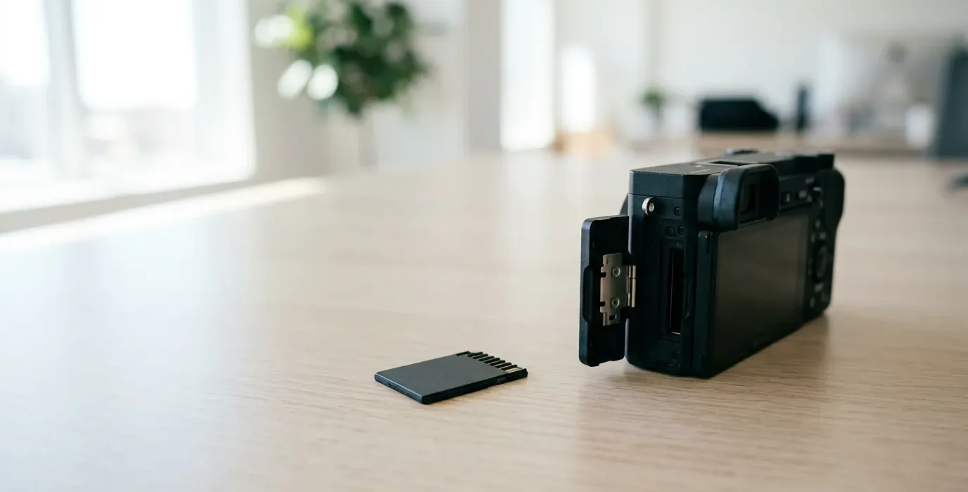 Une carte mémoire posée sur un bureau à côté d'un appareil photo dont la trappe est ouverte