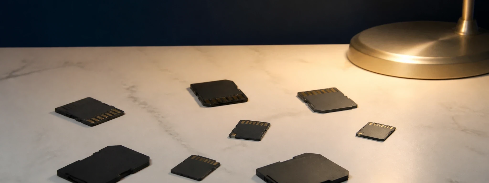 Plusieurs cartes mémoire et deux adaptateurs posés en désordre sur une table en marbre clair